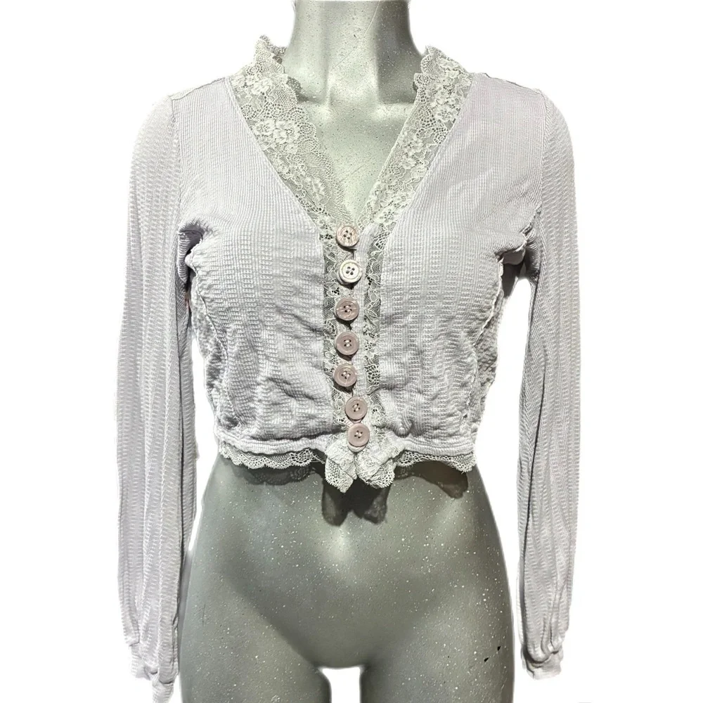 Free People Run With Me Button Top Cardigan Lace Trim Indie Lilac V-neck Medium